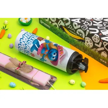 The Smurfs, Easter candle,Travel Tumbler 2 Lids, with metal straw & cleaning brush & aromatic flat candle (30cm) (PINK)