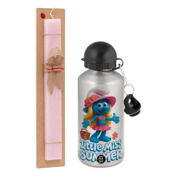 The Smurfs, Easter Set, metallic Silver aluminum water bottle (500ml) & scented flat Easter candle (30cm) (PINK)