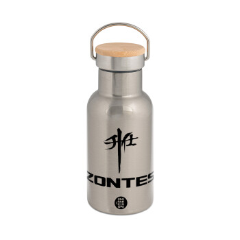 ZONTES, Stainless steel metallic thermos flask, silver with a bamboo lid, double-walled, 350ml.