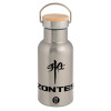 Stainless steel metallic thermos flask, silver with a bamboo lid, double-walled, 350ml.