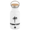 Metallic thermos (Stainless steel) White with wooden lid (bamboo), double-walled, 350ml