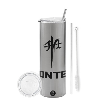 ZONTES, Tumbler ποτήρι θερμό Ασημένιο από ανοξείδωτο ατσάλι 600ml, με μεταλλικό καλαμάκι & βούρτσα καθαρισμού