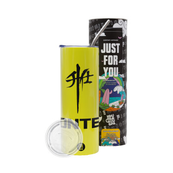 ZONTES, Neon Yellow Travel Tumbler θερμό, μεταλλικό καλαμάκι(Ανωξείδωτο 304 Food grade, BPA free, 600ml)