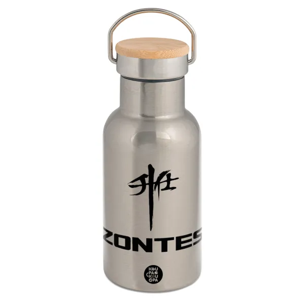 ZONTES — Stainless steel metallic thermos flask, silver with a bamboo lid, double-walled, 350ml.