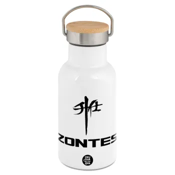 ZONTES, Μεταλλικό παγούρι θερμός (Stainless steel) Λευκό με ξύλινο καπακι (bamboo), διπλού τοιχώματος, 350ml