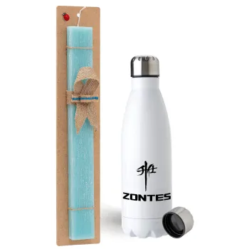 ZONTES, Easter Set, metallic stainless steel water bottle (750ml) & aromatic flat Easter candle (30cm) (TURQUOISE)