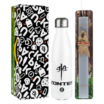 ZONTES, Easter candle, metallic white thermos bottle (500ml) & aromatic flat candle (30cm) (GRAY)