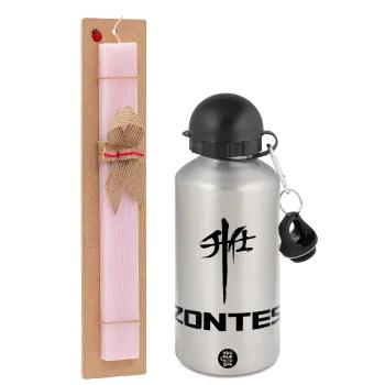 ZONTES, Easter Set, metallic Silver aluminum water bottle (500ml) & scented flat Easter candle (30cm) (PINK)