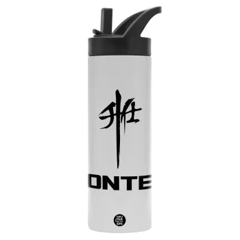 ZONTES, Μεταλλικό παγούρι θερμός με καλαμάκι & χειρολαβή, ανοξείδωτο ατσάλι (Stainless steel 304), διπλού τοιχώματος, 600ml