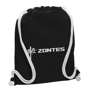 ZONTES, Backpack pouch GYMBAG Black, with pocket (40x48cm) & thick white cords