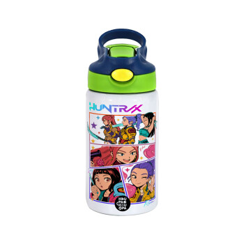 Huntrix Kpop Girls, Children's hot water bottle, stainless steel, with safety straw, green, blue (350ml)
