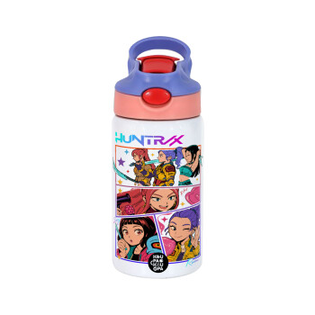 Huntrix Kpop Girls, Children's hot water bottle, stainless steel, with safety straw, pink/purple (350ml)
