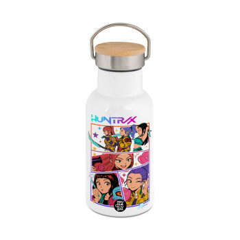 Huntrix Kpop Girls, Μεταλλικό παγούρι θερμός (Stainless steel) Λευκό με ξύλινο καπακι (bamboo), διπλού τοιχώματος, 350ml