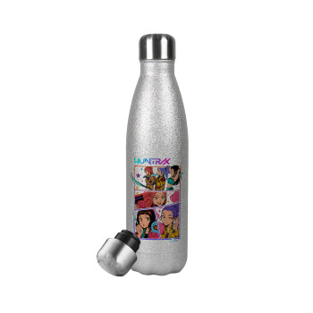 Huntrix Kpop Girls, Μεταλλικό παγούρι θερμός Glitter Aσημένιο (Stainless steel), διπλού τοιχώματος, 500ml