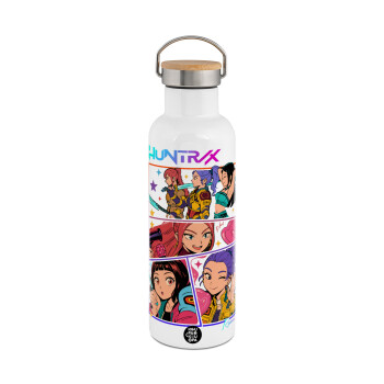 Huntrix Kpop Girls, Μεταλλικό παγούρι θερμός (Stainless steel) Λευκό με ξύλινο καπάκι (bamboo), διπλού τοιχώματος, 750ml
