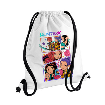 Huntrix Kpop Girls, Backpack pouch GYMBAG white, with pocket (40x48cm) & thick cords