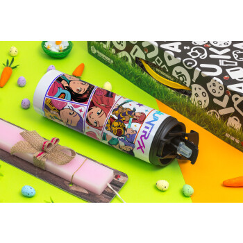 Huntrix Kpop Girls, Πασχαλινή Λαμπάδα με Travel Tumbler θερμό με διπλό καπάκι (600ml, BPA free) & κερί αρωματικό πλακέ (30cm) (ΡΟΖ)