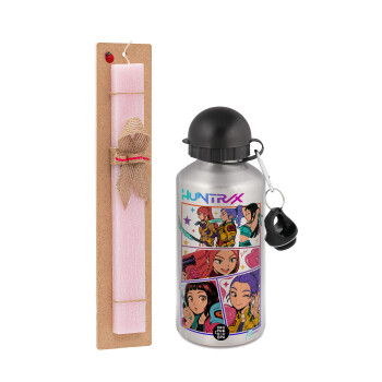 Huntrix Kpop Girls, Πασχαλινή Λαμπάδα με παγούρι μεταλλικό Ασημένιο αλουμινίου (500ml) & κερί αρωματικό πλακέ (30cm) (ΡΟΖ)