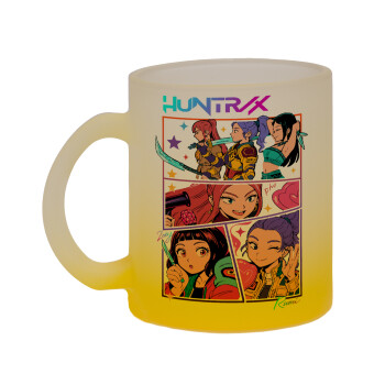 Huntrix Kpop Girls, Κούπα γυάλινη δίχρωμη με βάση το κίτρινο ματ, 330ml