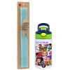 Easter Set, Children's thermal stainless steel bottle with safety straw, green/blue (350ml) & aromatic flat Easter candle (30cm) (TURQUOISE)