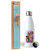 Easter Set, metallic stainless steel water bottle (750ml) & aromatic flat Easter candle (30cm) (TURQUOISE)