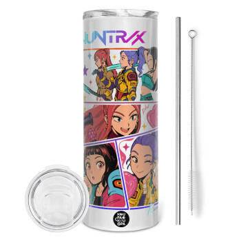 Huntrix Kpop Girls, Tumbler ποτήρι θερμό από ανοξείδωτο ατσάλι 600ml, με μεταλλικό καλαμάκι & βούρτσα καθαρισμού