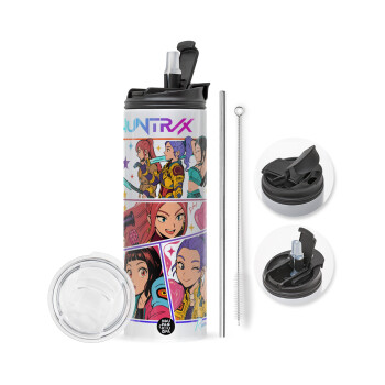 Huntrix Kpop Girls, Travel Tumbler 2 Lids, with metal straw & cleaning brush (Stainless steel 304 Food grade, BPA free, 600ml)
