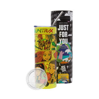 Huntrix Kpop Girls, Neon Yellow Travel Tumbler θερμό, μεταλλικό καλαμάκι(Ανωξείδωτο 304 Food grade, BPA free, 600ml)