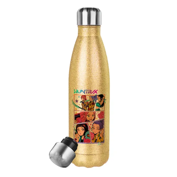 Huntrix Kpop Girls — Glitter gold stainless steel thermos bottle, double-walled, 500ml