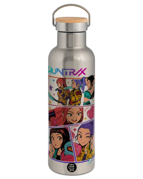 Huntrix Kpop Girls — Stainless steel Silver with wooden lid (bamboo), double wall, 750ml