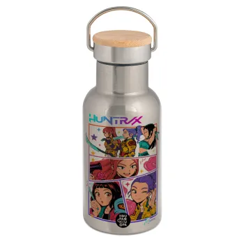 Huntrix Kpop Girls, Μεταλλικό παγούρι θερμός (Stainless steel) Ασημένιο με ξύλινο καπακι (bamboo), διπλού τοιχώματος, 350ml