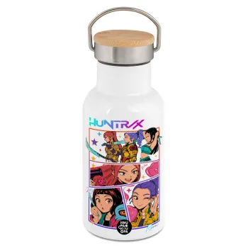 Huntrix Kpop Girls, Μεταλλικό παγούρι θερμός (Stainless steel) Λευκό με ξύλινο καπακι (bamboo), διπλού τοιχώματος, 350ml
