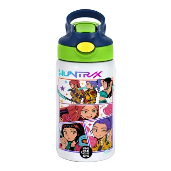 Huntrix Kpop Girls, Children's hot water bottle, stainless steel, with safety straw, green, blue (350ml)
