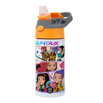Huntrix Kpop Girls, Παιδικό παγούρι θερμό, ανοξείδωτο, με καλαμάκι ασφαλείας, Πορτοκαλί/Γκρι (360ml) BPA-FREE