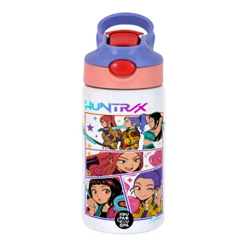 Huntrix Kpop Girls, Παιδικό παγούρι θερμό, ανοξείδωτο, με καλαμάκι ασφαλείας, ροζ/μωβ (350ml)