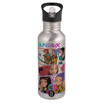 Huntrix Kpop Girls, Water bottle Silver with straw, stainless steel 600ml