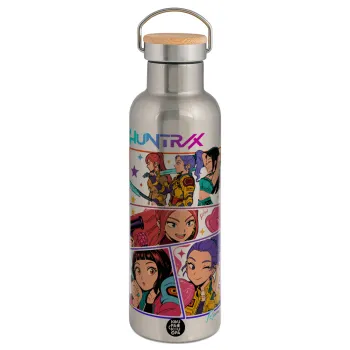 Huntrix Kpop Girls, Μεταλλικό παγούρι θερμός (Stainless steel) Ασημένιο με ξύλινο καπακι (bamboo), διπλού τοιχώματος, 750ml