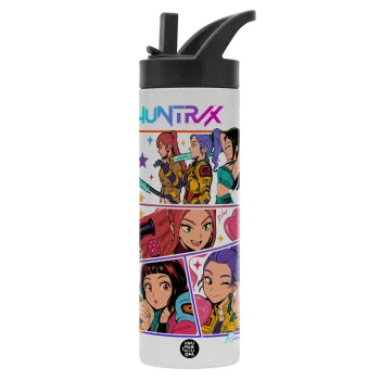 Huntrix Kpop Girls, Μεταλλικό παγούρι θερμός με καλαμάκι & χειρολαβή, ανοξείδωτο ατσάλι (Stainless steel 304), διπλού τοιχώματος, 600ml