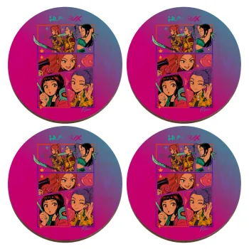 Huntrix Kpop Girls, ΣΕΤ x4 Σουβέρ ξύλινα στρογγυλά plywood (9cm)