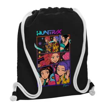 Huntrix Kpop Girls, Τσάντα πλάτης πουγκί GYMBAG Μαύρη, με τσέπη (40x48cm) & χονδρά λευκά κορδόνια