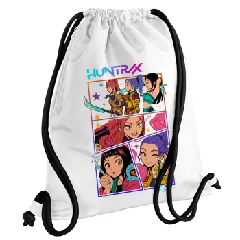 Huntrix Kpop Girls, Τσάντα πλάτης πουγκί GYMBAG λευκή, με τσέπη (40x48cm) & χονδρά κορδόνια