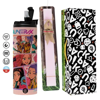 Huntrix Kpop Girls, Πασχαλινή Λαμπάδα με  ΡΟΖ Travel Tumbler θερμό (600ml, BPA free) & κερί αρωματικό πλακέ (30cm) (ΡΟΖ)