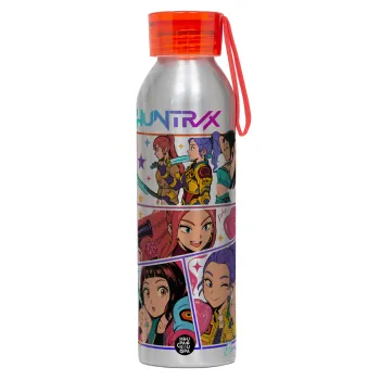 Huntrix Kpop Girls, Αλουμινένιο Αθλητικό Μπουκάλι 650ml – Ασημί με Κόκκινο Καπάκι και Λουράκι Σιλικόνης