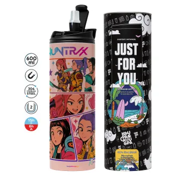Huntrix Kpop Girls, Tumbler ποτήρι θερμό ΡΟΖ από ανοξείδωτο ατσάλι 600ml