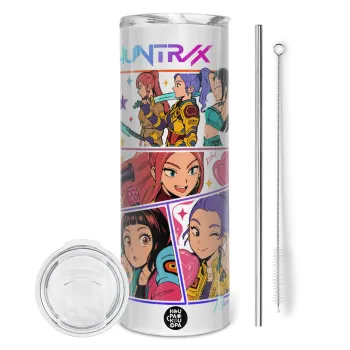 Huntrix Kpop Girls, Tumbler ποτήρι θερμό από ανοξείδωτο ατσάλι 600ml, με μεταλλικό καλαμάκι & βούρτσα καθαρισμού