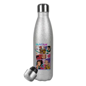 Huntrix Kpop Girls, Μεταλλικό παγούρι θερμός Glitter Aσημένιο (Stainless steel), διπλού τοιχώματος, 500ml