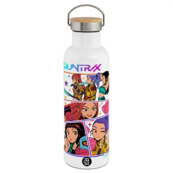 Huntrix Kpop Girls, Μεταλλικό παγούρι θερμός (Stainless steel) Λευκό με ξύλινο καπάκι (bamboo), διπλού τοιχώματος, 750ml