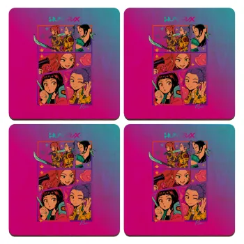 Huntrix Kpop Girls, ΣΕΤ x4 Σουβέρ ξύλινα τετράγωνα plywood (9cm)