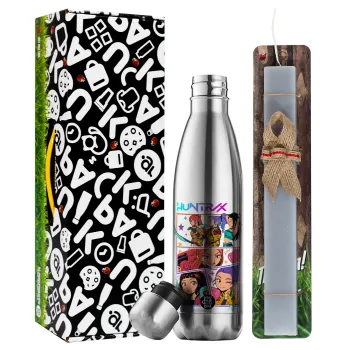 Huntrix Kpop Girls, Easter Set, metallic stainless thermos flask (500ml) & scented flat Easter candle (30cm) (GRAY)