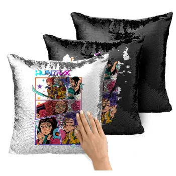 Huntrix Kpop Girls, Μαξιλάρι καναπέ Μαγικό Μαύρο με πούλιες 40x40cm περιέχεται το γέμισμα